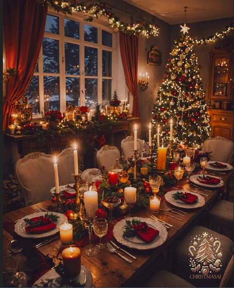 Candlelit Christmas festive table setting