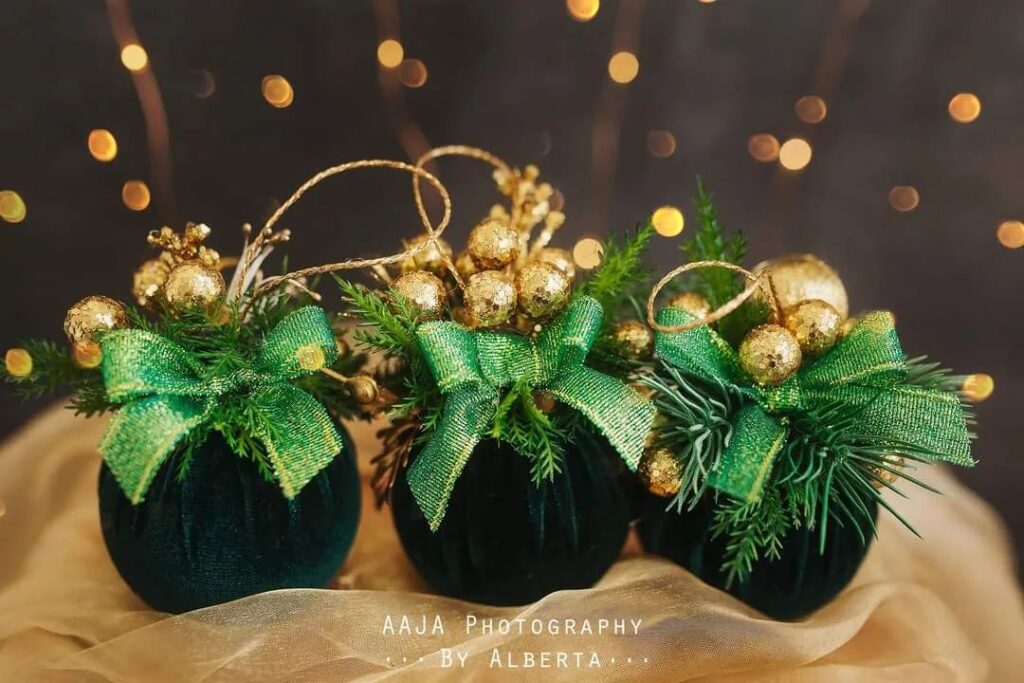 green and gold christmas velvet baubles