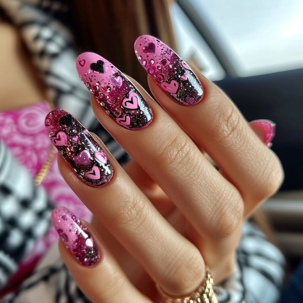 Black And Pink Heart Nails