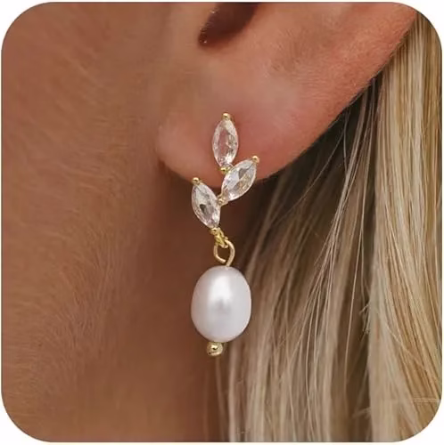 Dangling Gold Pearl Earrings
