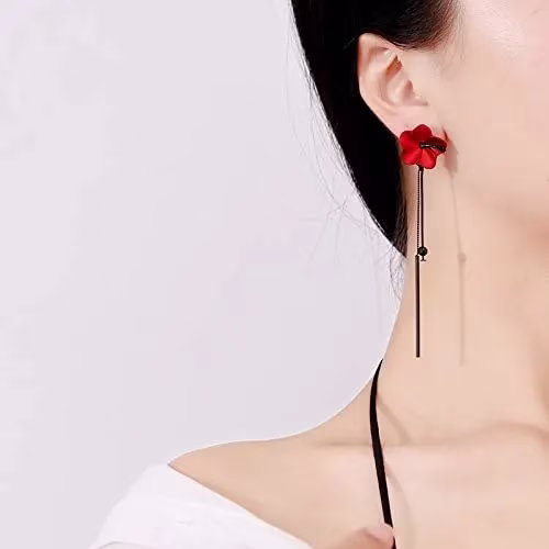 Red Flower Black Long Line Earrings